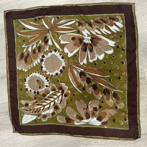 Vintage Vera Abstract Floral Green and Brown Decorative Square Silk Scarf - Picture 2 of 3